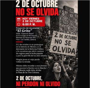 Colmichianos mantienen viva la memoria del 2 de octubre (Proyección del documental “El Grito”)